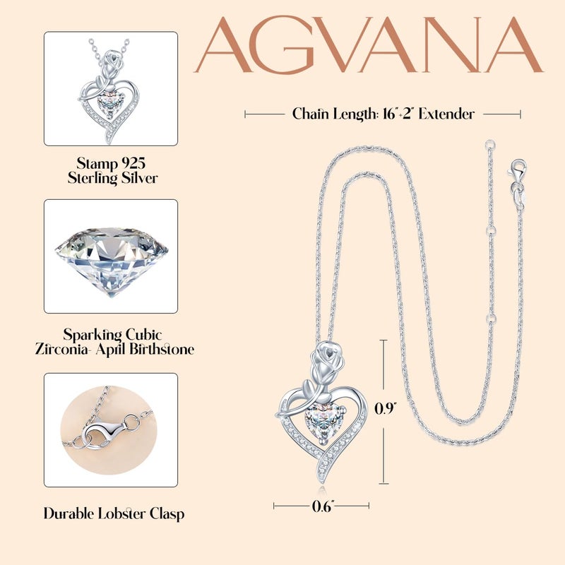AGVANA April Birthstone Jewelry CZ Necklace for Women Sterling Silver Rose Flower Heart Pendant Necklace Fine Jewelry Anniversary Birthday Gifts for Women Mom Wife Lady Her - Image 5